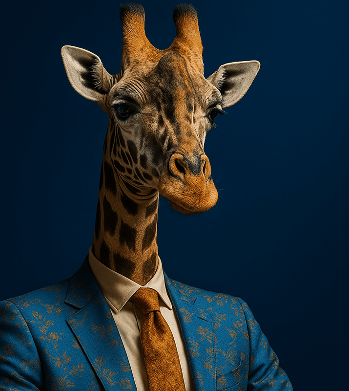 Girafe en costume bleu et cravate sur fond bleu foncé